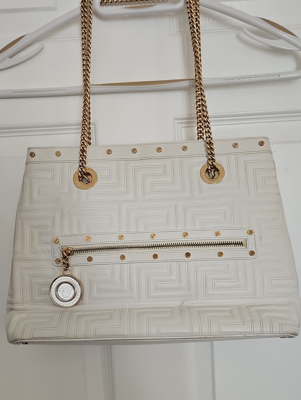 Versace Cream Quilted Tote with Gold Chain Straps